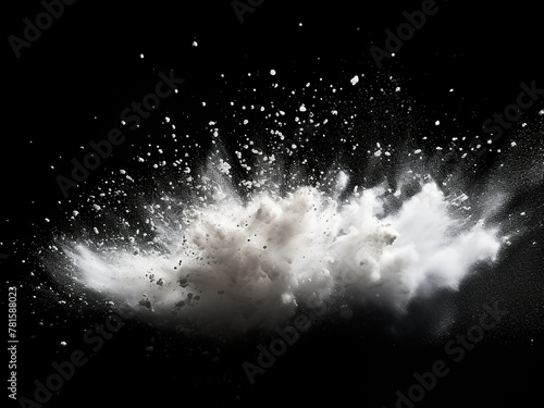 Motion freeze shows white particles against black, forming powder explosion