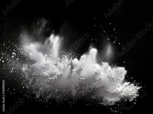 Freeze-frame captures white particles on black backdrop, depicting powder explosion