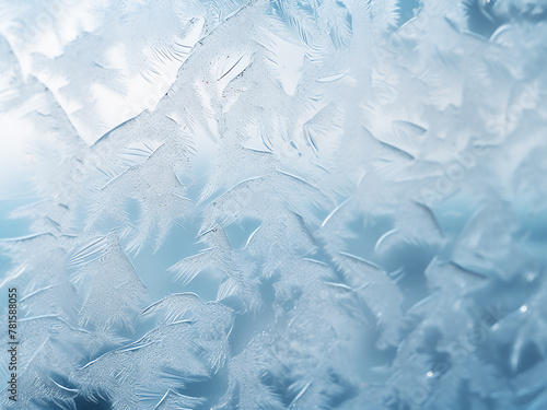 Winter's icy frost creates texture on glass, against light background