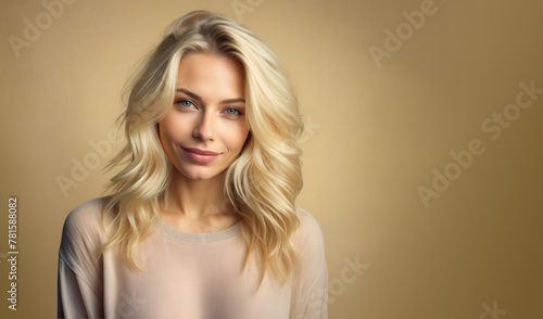 Portrait of a young blonde woman on beige background with text space