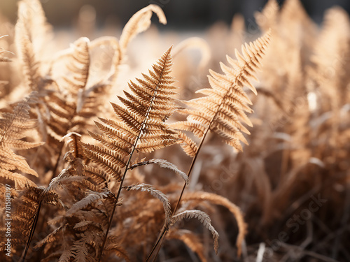 Dried ferns and bracken under winter sunlight in full frame close-up photo