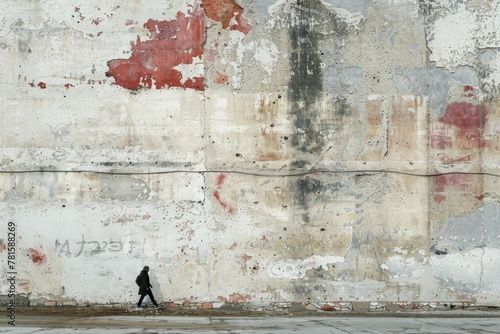Pedestrian Passing Aged Plaster Wall on City Street