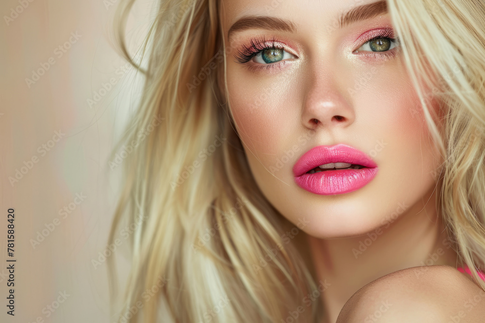 Beautiful blond woman with pink lipstick and eyeshadow. Generative AI Beautiful blond woman with pink lipstick and eyeshadow. Generative AI