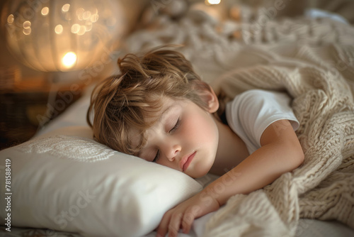 Cute little boy lying on side on bed and sleeping on white pillow. Generative AI