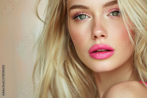 Beautiful blond woman with pink lipstick and eyeshadow. Generative AI
