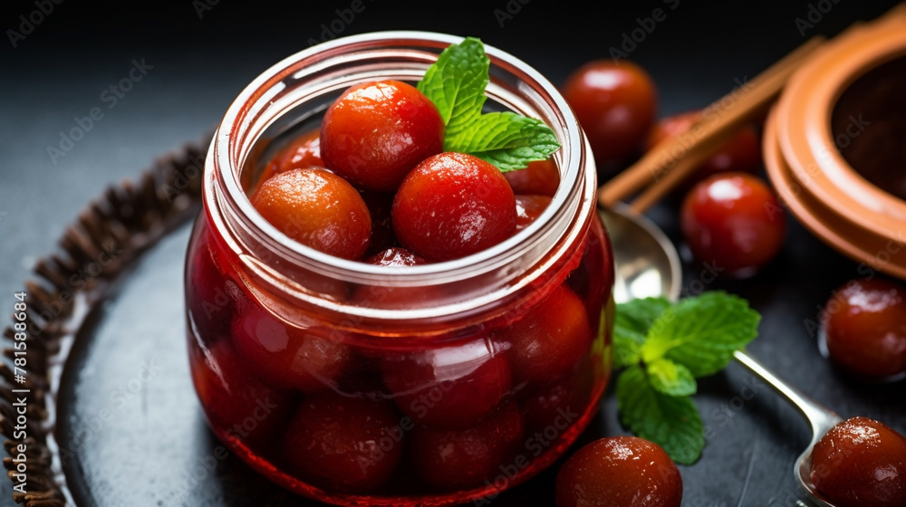 wide top view background of Indian sweets, clear glass jar full of Gulab jamun and sugar syrup banner image in dark color table wide top view background of Indian sweets, clear glass jar full of Gulab jamun and sugar syrup banner image in dark color table