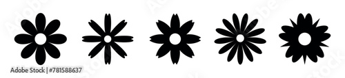 set of black daisies from geometric figures, collection of abstract silhouettes of flowers flowers icons isolated on white	