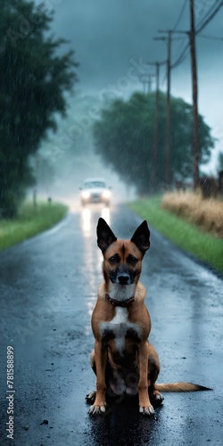 Dog abandoned on road, leaving car in the background