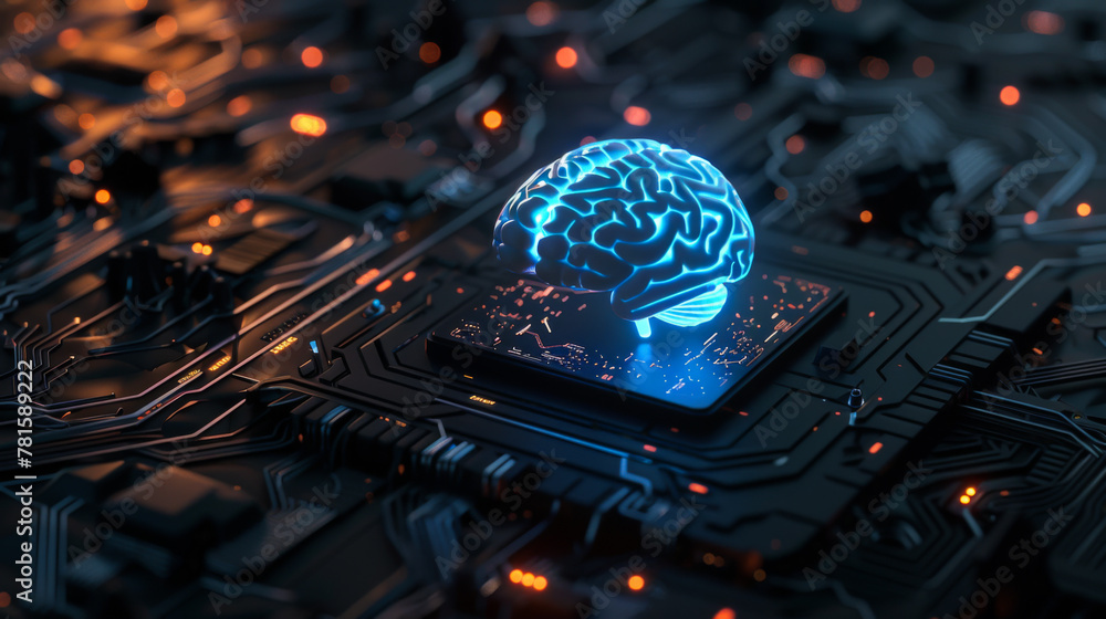 Fototapeta premium glowing blue brain floating on top of a black futuristic circuit board, against a black background