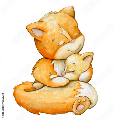 Foxes, mom is holding a sleeping baby. Watercolor clipart of forest animals on an isolated background. © Natalia