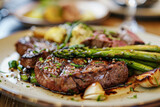 Plate of cooked steak with asparagus and garlic. Generative AI