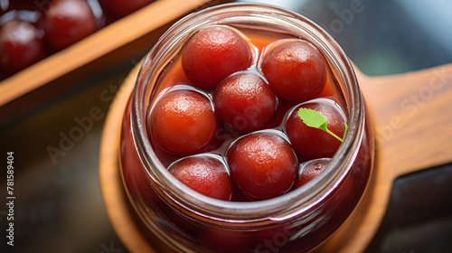 wide top view background of Indian sweets, clear glass jar full of Gulab jamun and sugar syrup banner image in dark color table photo