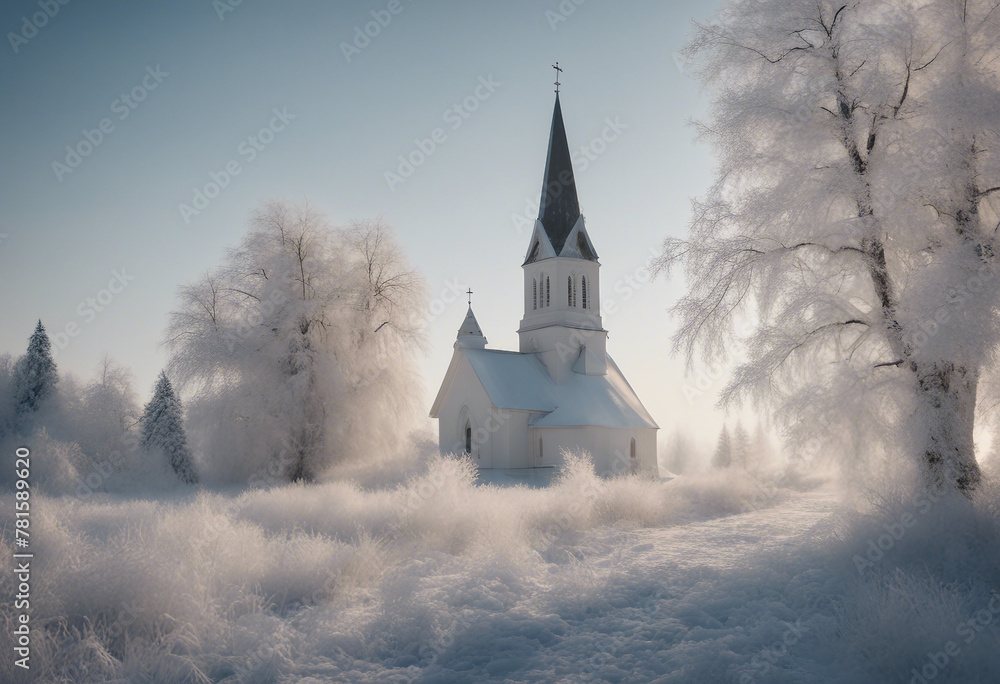Winter landscape with church and trees in hoarfrost