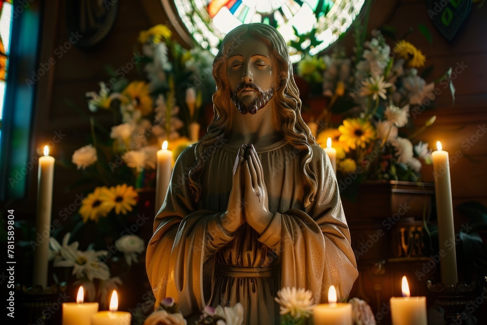 Divine Representation of Jesus Praying with Floral Offerings