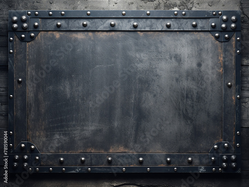 Metal rivets and stone plaque on grunge-style backdrop photo