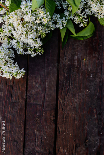 Spring lilak flowers have bloomed and lie on a table made of wooden planks