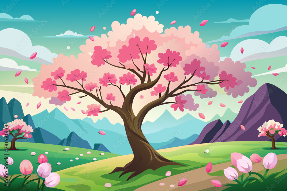 Fototapeta premium Spring nature scene with a pink blooming tree Symbolizing the beauty and renewal associated with Easter