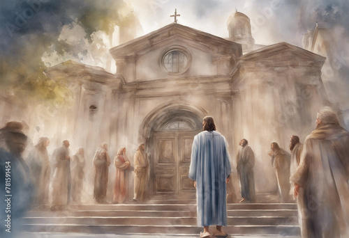 Ministry of Jesus Jesus preaching standing in front of the synagogue Digital watercolor painting