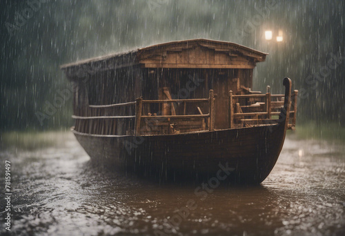 Small wooden fishing boat amidst the pouring rain during the flood