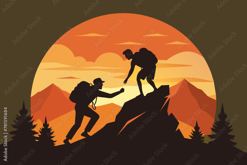 Silhouette of hikers. one Man is giving helping hand to another one man  climbing on mountain at sunset