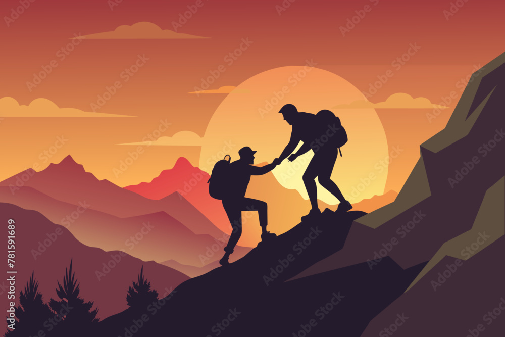 Silhouette of hikers. one Man is giving helping hand to another one man  climbing on mountain at sunset