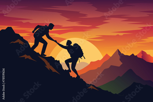 Silhouette of hikers. one Man is giving helping hand to another one man  climbing on mountain at sunset