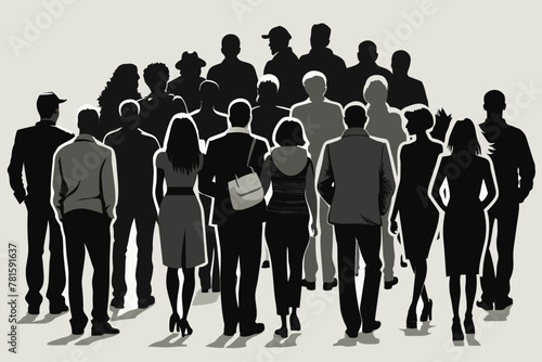 silhouette of crowd people from back, monochrome, one color, full body