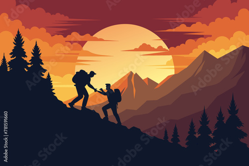 Silhouette of hikers. one Man is giving helping hand to another one man  climbing on mountain at sunset