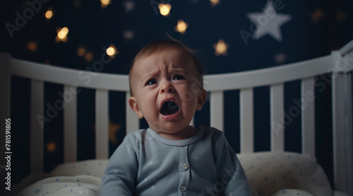 Crying Baby in Crib with Night Lights