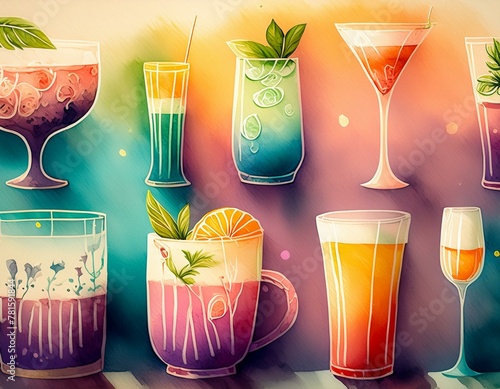 Blurred background of multicolored drinks and minimal food - Happy hour concept with fancy