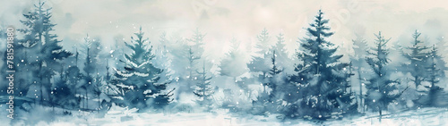 Panoramic watercolor landscape of a snow covered forest in winter. Generative AI illustration. © JoseLuis