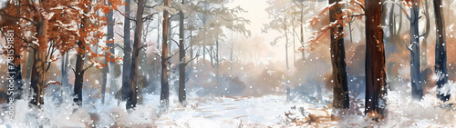 Panoramic watercolor landscape of a snow covered oak forest in winter. Generative AI illustration. © JoseLuis