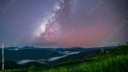The Milky Way Galaxy moving over the mountain ridge. Night Time lapse,Starry night Astro photography.
