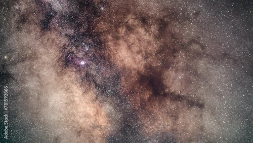 Astrophotography time lapse center of the Milky Way. Sharp stars, dark blue night sky and the glowing core of the galaxy