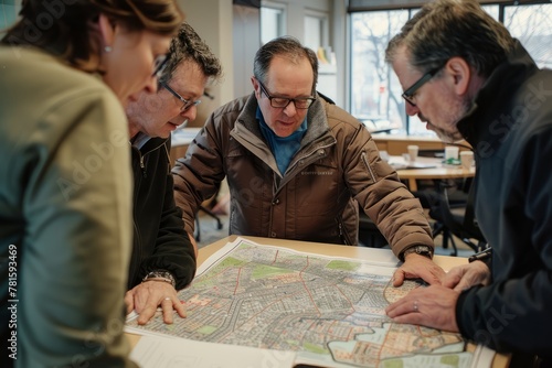 Group of men standing together, examining a detailed map during an urban planning meeting