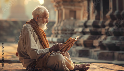 Old devout Hindu man reads prayers from book at Temple, displaying devotion in spiritual moment. Engaging in religious rituals: man deep in prayer demonstrating faith and piety in sacred setting photo