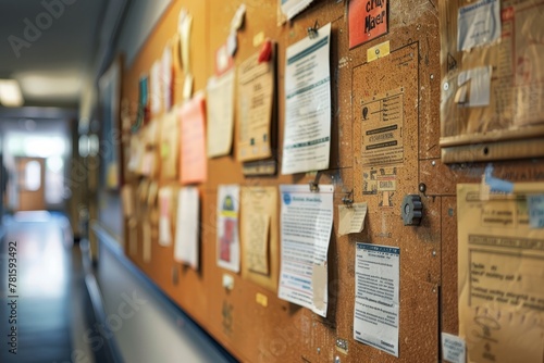 A bulletin board covered in numerous papers pinned to it, showcasing a variety of information and announcements photo