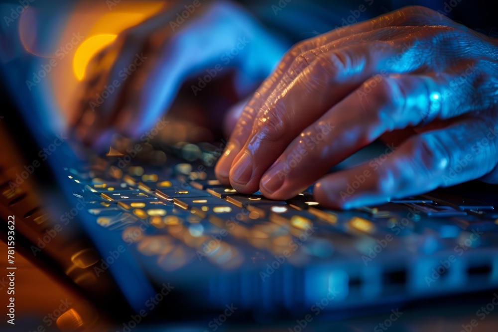 A detailed view of a persons hands typing on a laptop keyboard, focusing on the act of typing - obrazy, fototapety, plakaty 