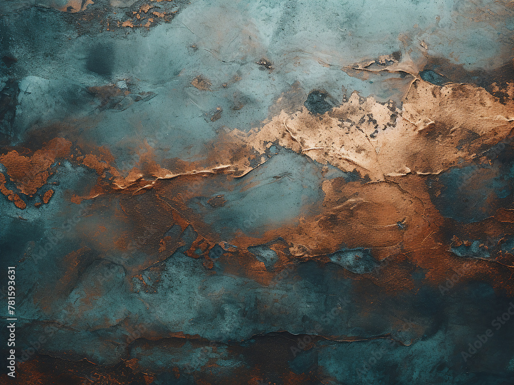 Background displays abstract art with oxidized copper