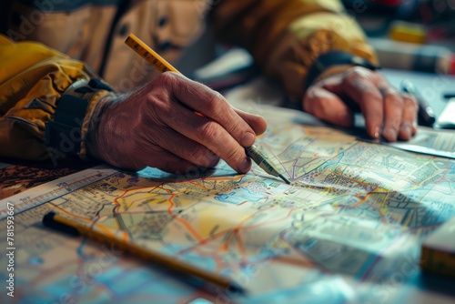 Close-up shot of hands writing on a map with a pencil, focusing on details of the action photo
