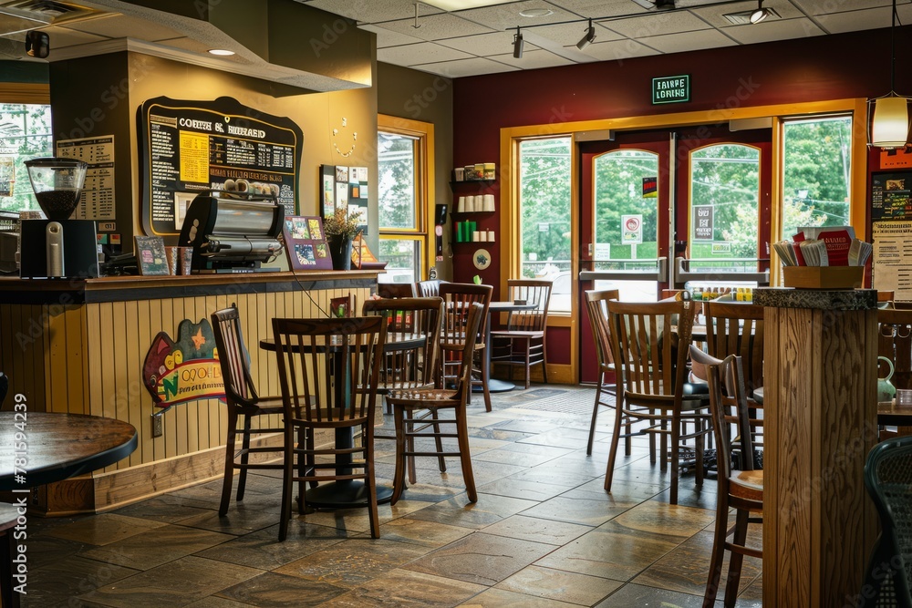 Medium shot of a restaurants seating area with tables, chairs, and a counter near a bulletin board