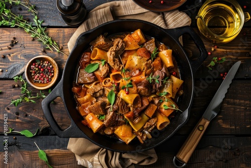 A top view of a cast iron skillet filled with pasta and meat on a dark wooden table. The dish appears to be homemade rabbit stew with pappardelle pasta