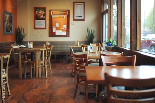 Medium shot of a commercial restaurants seating area featuring wooden tables and chairs near a bulletin board