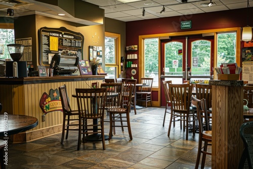 Medium shot of a restaurants seating area with tables  chairs  and a counter near a bulletin board
