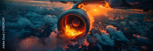 Flaming aircraft engine illustration, aviation emergency visuals photo