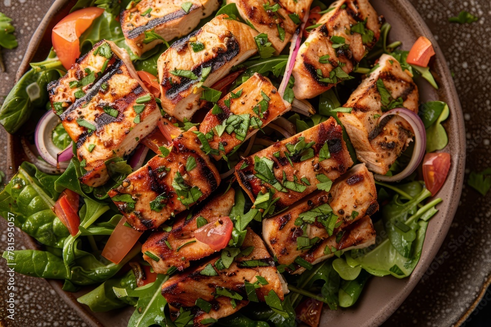 A plate filled with chicken and vegetables placed on top of a table