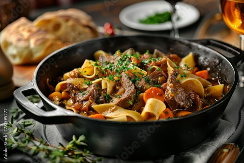 A side angle view of a cast iron pot filled with rabbit stew pappardelle, featuring a mix of meat and vegetables cooked to perfection