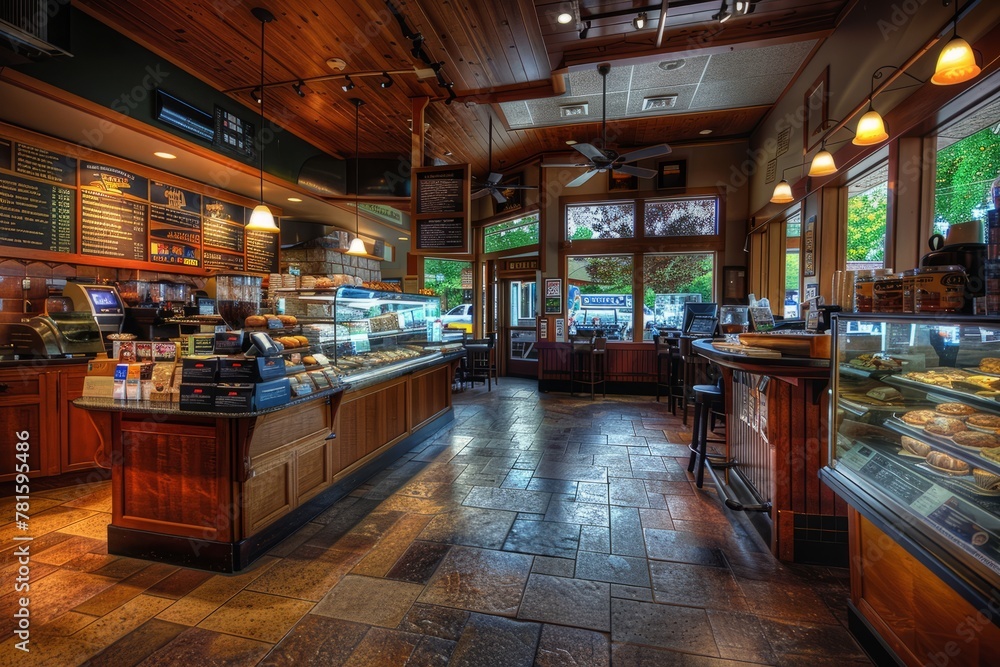 A wide-angle shot of a coffee shop interior filled with a variety of food items on display