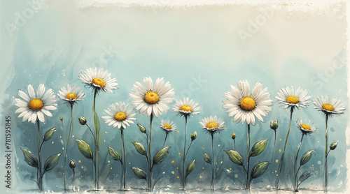 Watercolor like sketch illustration of delicate white daisy flowers in bloom on a subdued and faded blue minimal background - delightful spring environment and nature art.