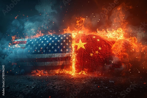 Confrontation visualized: American and Chinese flags on fire